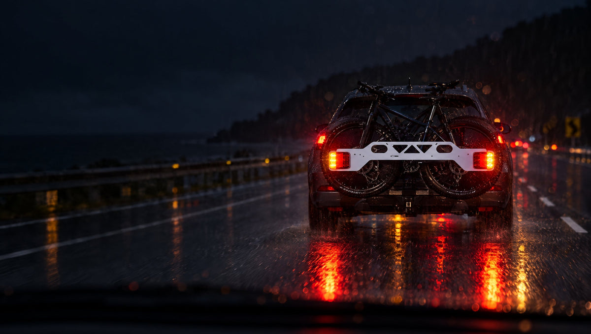 Car carrying two bikes on a towbar rack at night in the rain, the Safelite Panel's red and amber lights clearly visible from the car behind