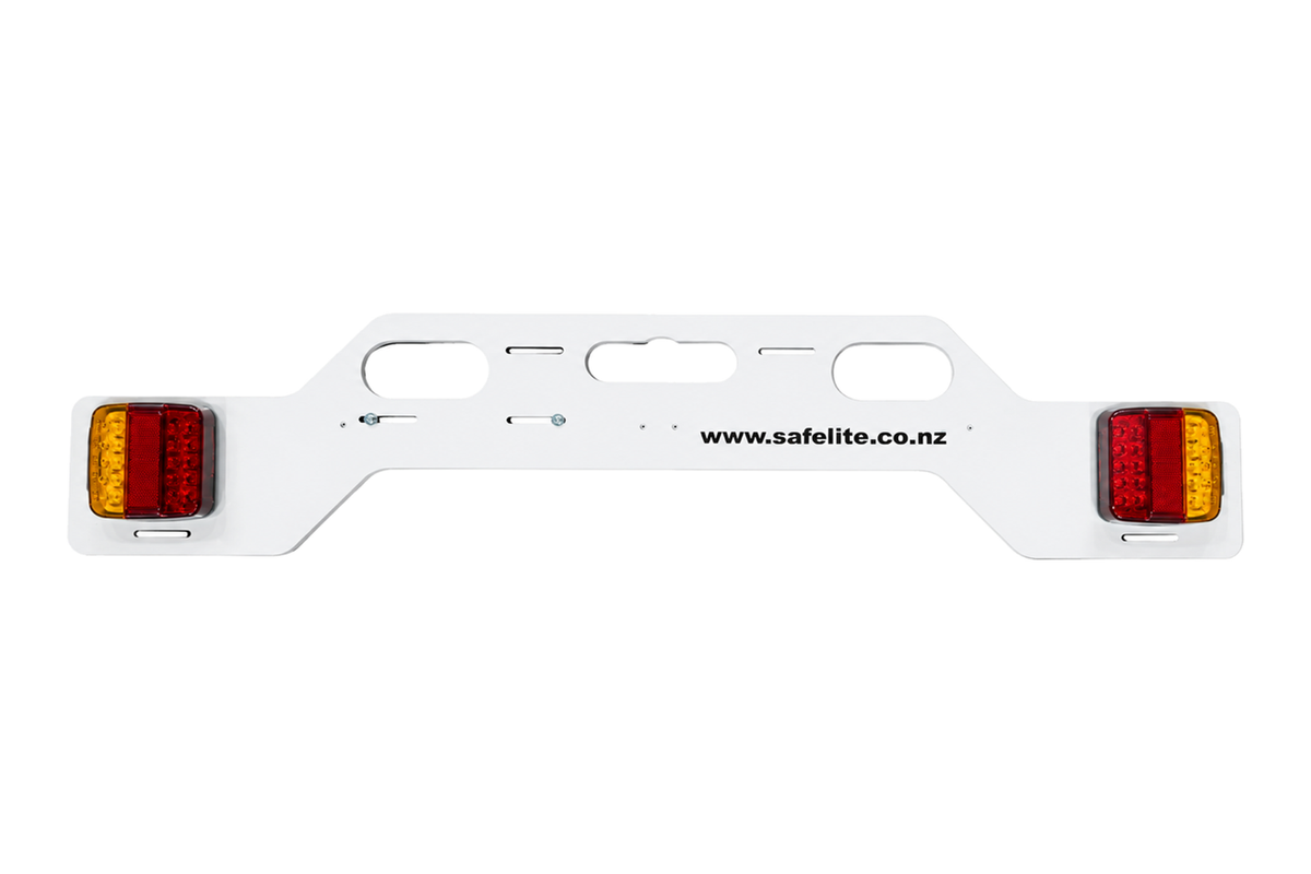 Safelite Panel V2 bike rack light board on white background, showing four mounting holes, centre indent and red and amber LED lights